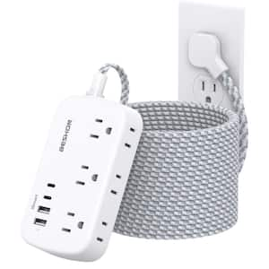 25-Ft. Flat Plug Power Strip Extension Cord with 6 Outlets, 4 USB Ports (2 USB-C), No Surge Protector, Wall Mount, White