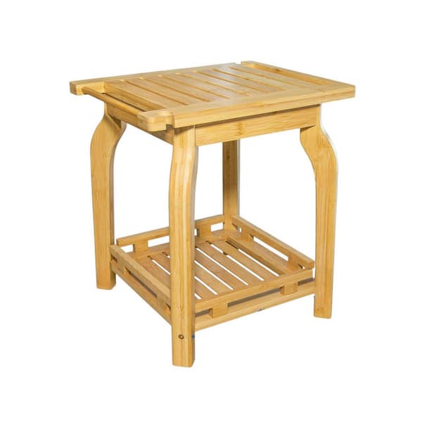 2-Tier Series 16 in. W Freestanding Waterproof, Stable, Storage Shelf Shower Bench Seat in Natural Bamboo Finish