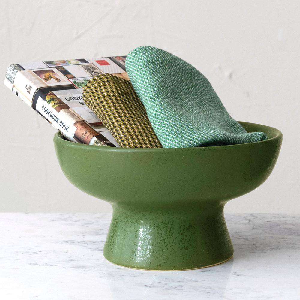 Matte Green Ceramic Footed Serving Bowl, 12.75"