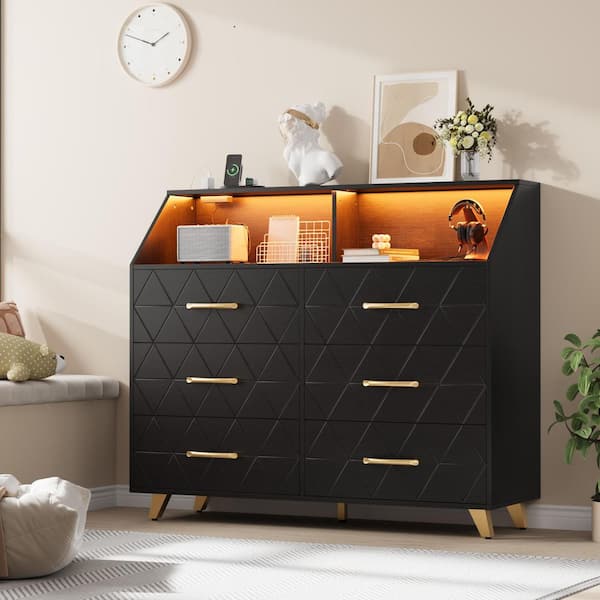 Garvee 47.2 in. Black Dresser with Charging Station, LED TV Stand Dresser with 6-Drawers, Wood Dressers and Chests of Drawers Garvee 47.2 in. Black Dresser with Charging Station, LED TV Stand Dresser with 6-Drawers, Wood Dressers and Chests of Drawers
