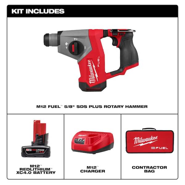 Milwaukee M12 FUEL 12V Lithium-Ion Brushless Cordless 5/8 in. SDS Plus Rotary Hammer Kit with Battery and Bag