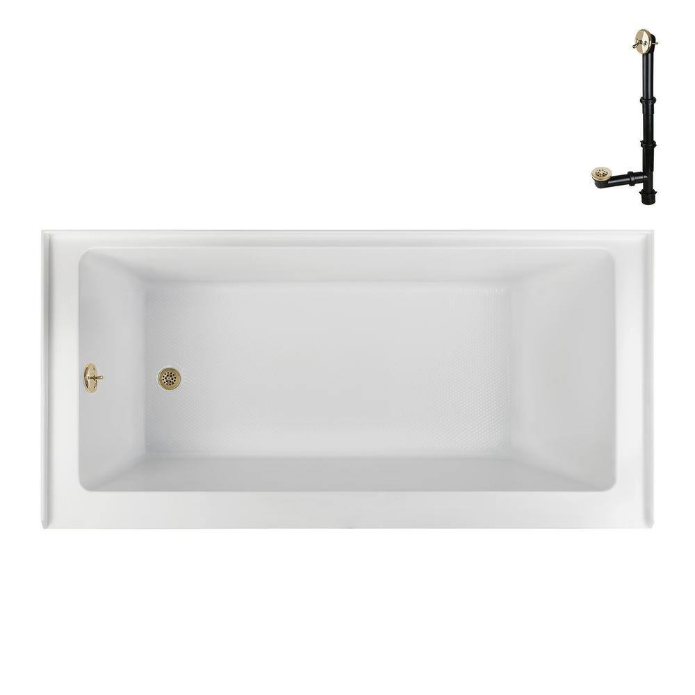 Glossy White Acrylic Alcove Bathtub with Polished Brass Drain