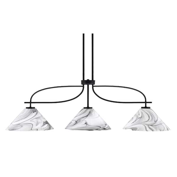 Unbranded Olympia 3-Light Matte Black Billiard Light with 12 in. Onyx Swirl Glass Shades, no blulbs included