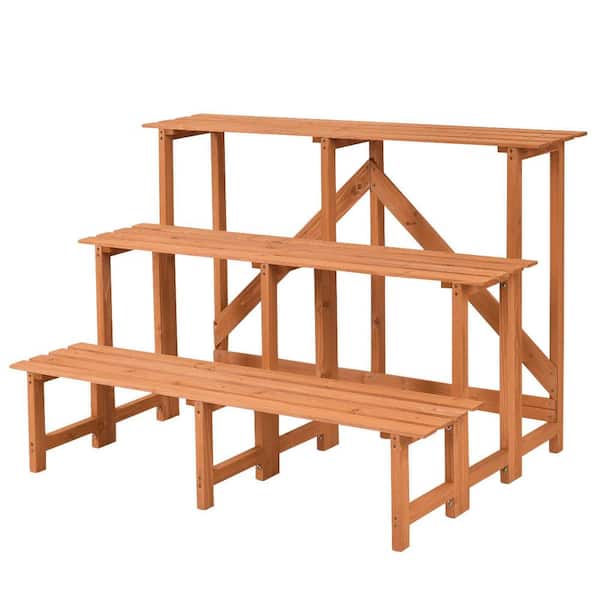 Costway 47 in. L x 31 in. W x 32.5 in. H Indoor/Outdoor Yellow Wood Plant Stand 3-Tier