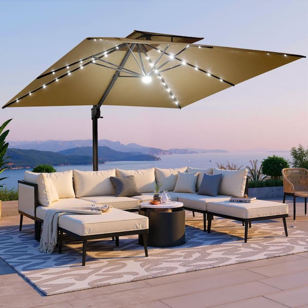 CLOUDFLY 11 ft. x 11 ft. Solar LED Lights Cantilever Patio Umbrella Offset Outdoor Umbrella 360° Rotate in Tan with Cross Stand