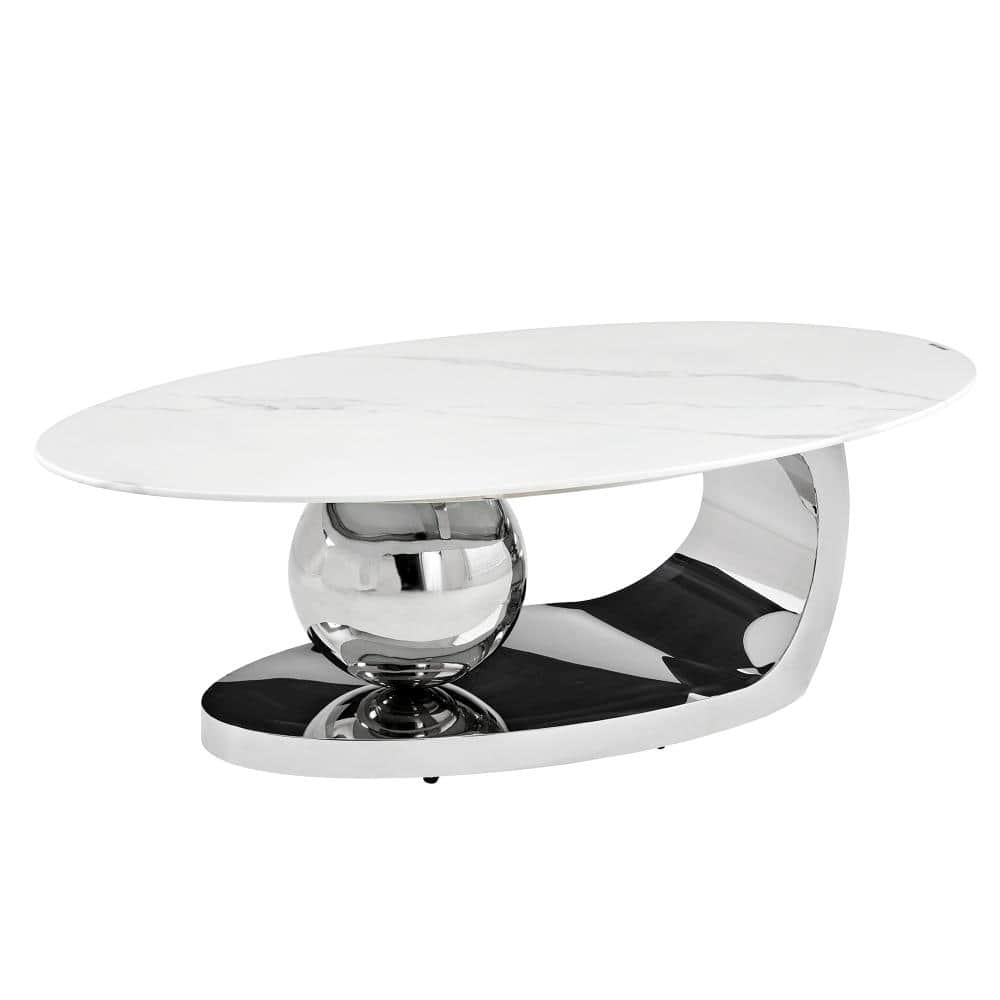 51.2 in. White Marble Pattern Oval Faux Marble Coffee Table with Silver Stainless Steel Base price history on PriceWatchPro