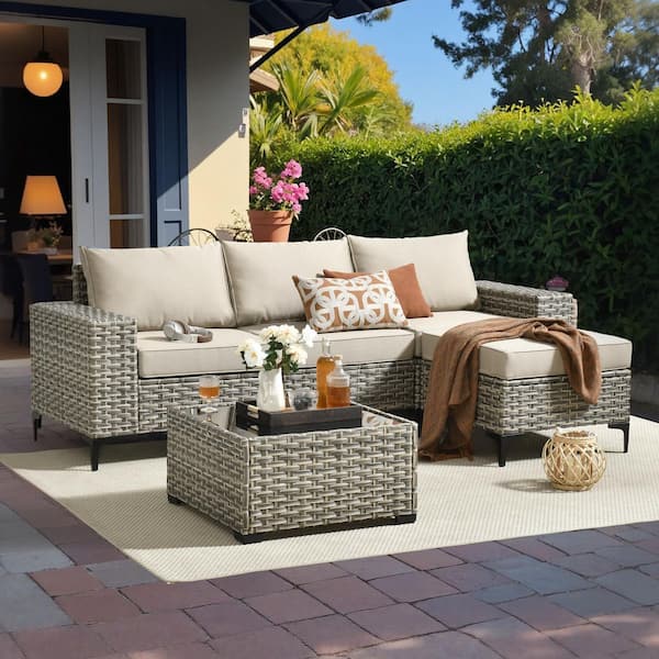 Sunny 5-Piece Wicker Wide Arm Outdoor Furniture Patio Conversation Sofa Seating Set with a Table and Beige Cushions