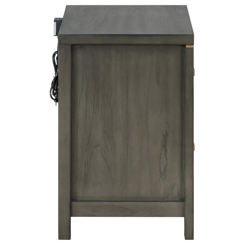 Gray Pine Transitional 2-Drawer Nightstand with Brass Accents