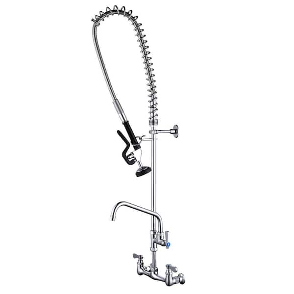 IVIGA 43 in. H Commercial Wall Mount Triple Handle Pull Down Sprayer Kitchen Faucet with Pre-Rinse Sprayer in Polished Chrome
