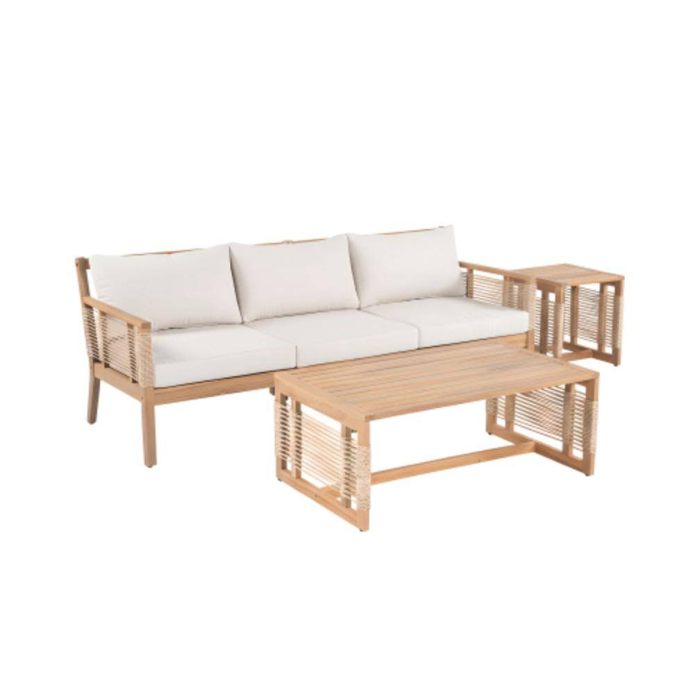 3-Piece Acacia Wood Outdoor Conversation Patio Furniture Set with Beige ...