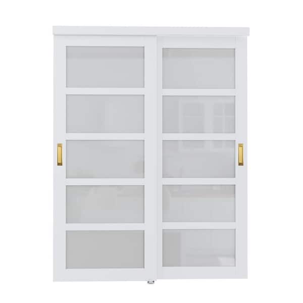 ARK DESIGN 60 in. x 80 in. 5-Lite Frosted Glass Primed White MDF Closet Sliding Door No Grooving Golden Handles and Hardware