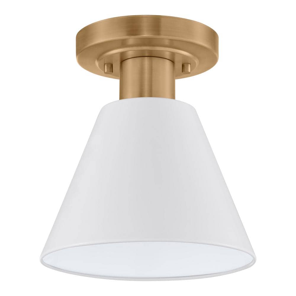Hampton Bay Finley 8 in. 1-Light White and Brass Semi-Flush Mount Kitchen Ceiling Light Fixture with Metal Shade