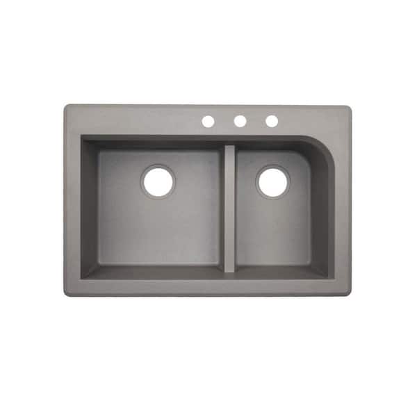 Swan Dual-Mount Granite 33 in. x 22 in. 3-Hole 60/40 Double Bowl Kitchen Sink in Metallico