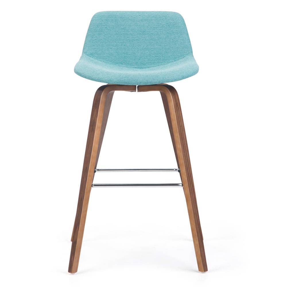Aqua Blue Linen Bentwood Counter Height Stools with Chrome Footrest, Set of 2