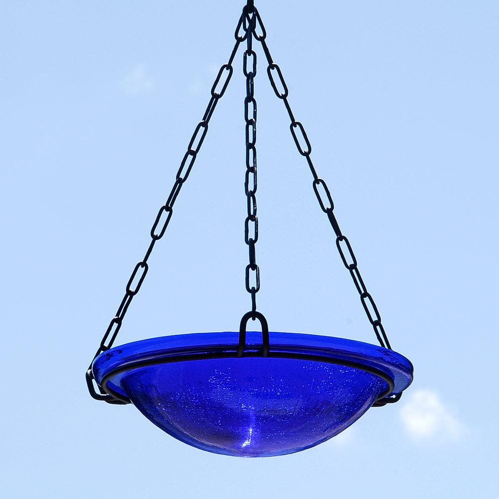 Cobalt Blue Crackle Glass Hanging Birdbath Bowl