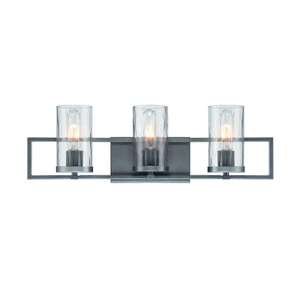 Elements 24 in. 3-Light Charcoal Industrial Vanity Light with Rain Glass Shades