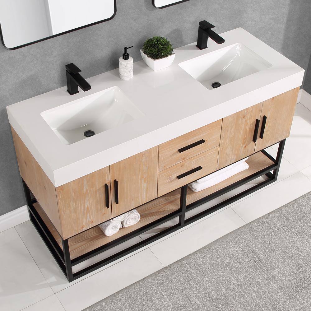 Bianco 60" Light Brown Wood Vanity with White Stone Top