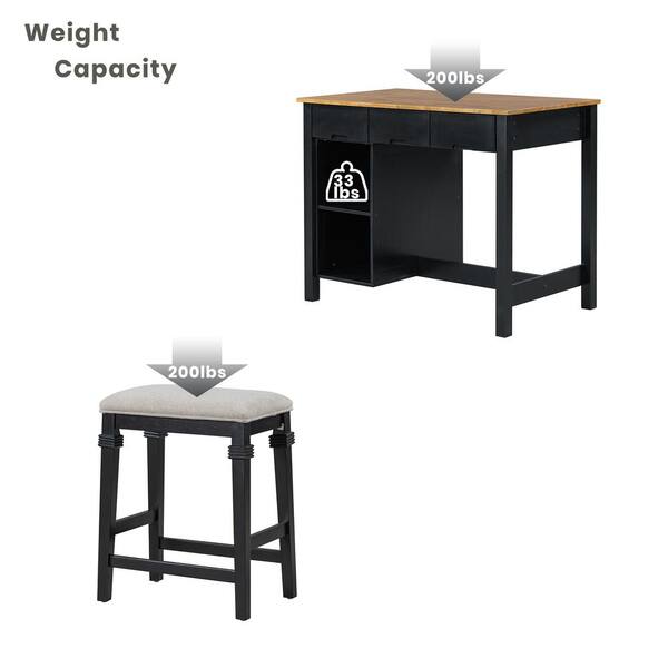 3-Piece White Rubber Wood 45 in. Kitchen Island Set with 2-Seatings for Small Places, Black BL-02