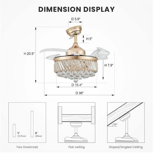 ANTOINE 36 in. Modern Indoor Retractable Blade Ceiling Fan with LED Light  and Remote Control Gold Crystal Ceiling Fan Light HD-FSD-01 - The Home Depot