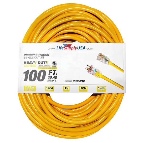 LifeSupplyUSA 100 ft. 16-Gauge/26 Conductors SJTW Indoor/Outdoor Extension Cord with Lighted End Yellow (1-Pack)
