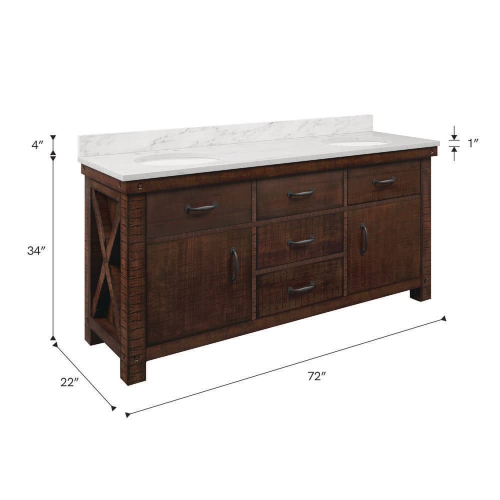 Aberdeen 72" Double Sink Rustic Sierra Vanity with Carrara White Marble Top