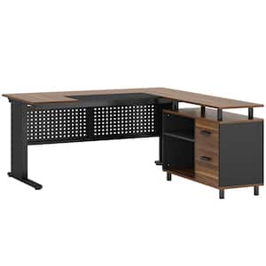 Halseey 63 in. L Shaped Brown Wood 2-Drawer Computer Desk for Home Office, Executive Desk with File Cabinet