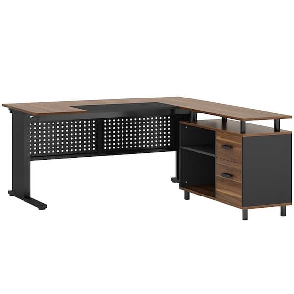 Black Desk with Drawers,63 Computer Desk, Office Desk with Lock Drawers  for Legal/Letter File, Gaming Desk with LED Light & Power Outlet 