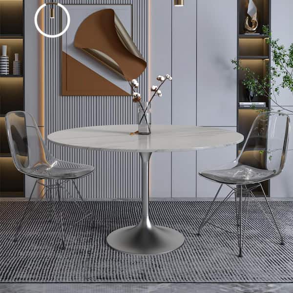 Leisuremod Verve Modern 48 Round Dining Table with Sintered Stone Tabletop in Chrome Stainless Steel Pedestal Base, White