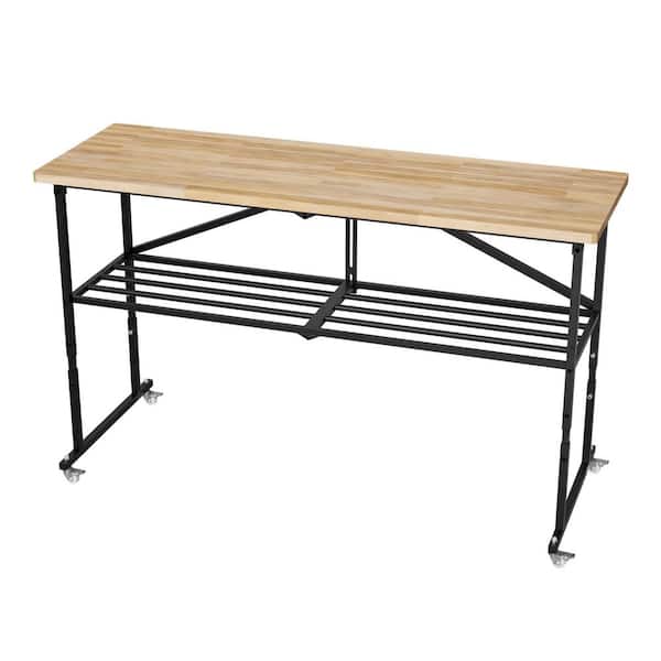 68.5 in. Fold Heavy-Duty Butcher-Block Workbench Portable Wood Top Utility Table w/ Locking Caster/Quick-Collapse Steel