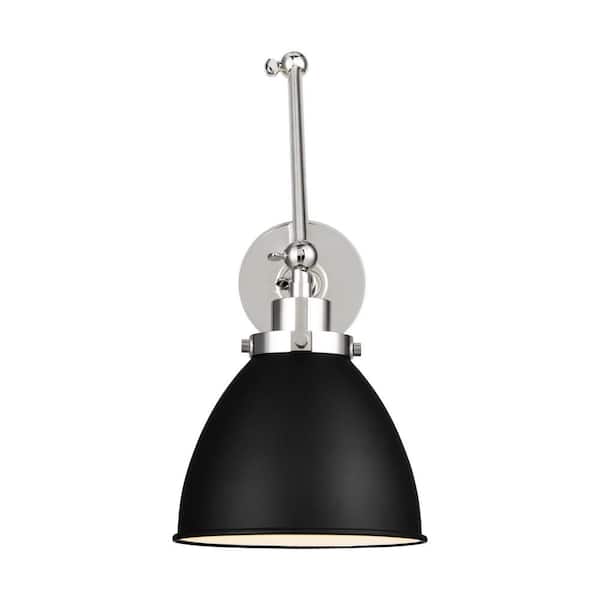 Generation Lighting Wellfleet 7.25 in. W 1-Light Midnight Black/Polished Nickel Double Arm Dome Task Wall Sconce with Steel Shade