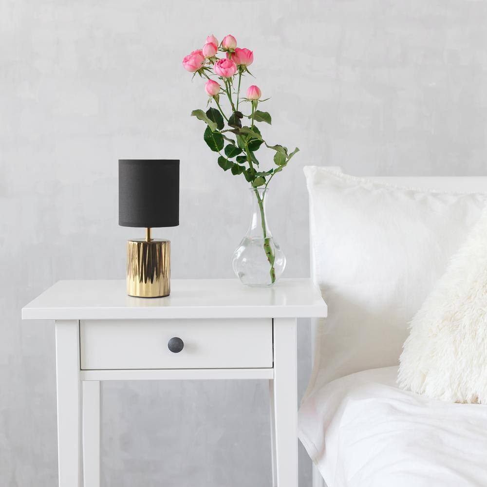11.61" Polished Gold Ceramic Table Lamp with Black Drum Shade