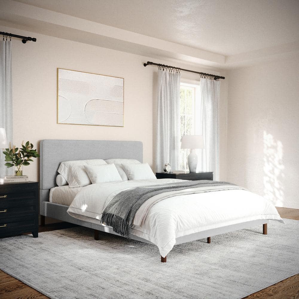 Gray Queen Upholstered Platform Bed with Linen Headboard