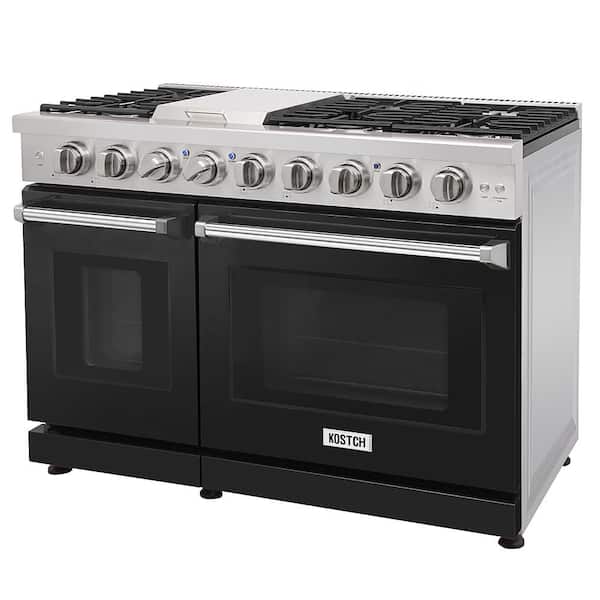 Propane 48 in. 6.8 cu. ft. 6 Burners Freestanding Double Oven Gas Range in Stainless Steel w/ Griddle, Black Oven Door
