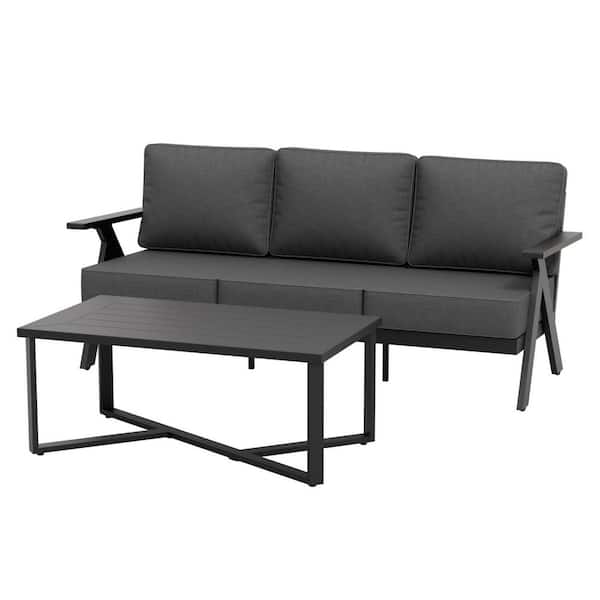 Modern 2-Piece Patio Set: Three-Seater Sofa with Coffee Table Black Steel with Weather-resistant Gray Cushions