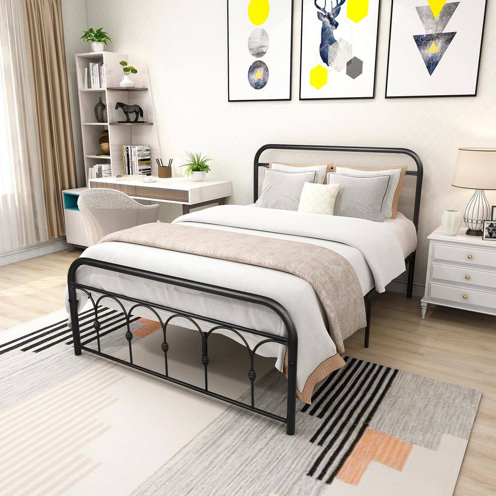 GODEER 77.80 In. W Black Metal Frame Full Size Platform Bed With ...