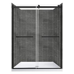 Double Roller 48 in. L x 34 in. W x 78 in. H Center Drain Alcove Shower Stall Kit in Slate and Matte Black Hardware