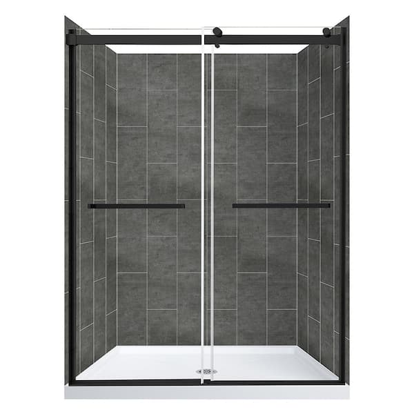 CRAFT + MAIN Double Roller 48 in. L x 34 in. W x 78 in. H Center Drain Alcove Shower Stall Kit in Slate and Matte Black Hardware