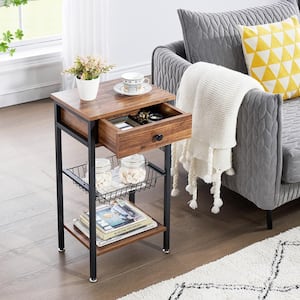 Brown Night Stand, Modern End Side Table with Storage Basket and Drawer 15.7 in. L x 11.8 in. W x 27.6 in. H