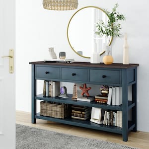 50 in.Navy Rectangle Wood Long Console Table with Drawers and 2-Tier Shelves, 3 Drawers Sofa Table Entryway Table