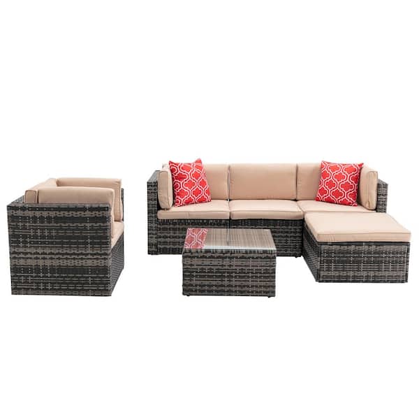 HOMEFUN 6-Piece Gray Mix Wicker Patio Conversation Sectional Seating Set with Beige Cushions Glass Table and Pillows