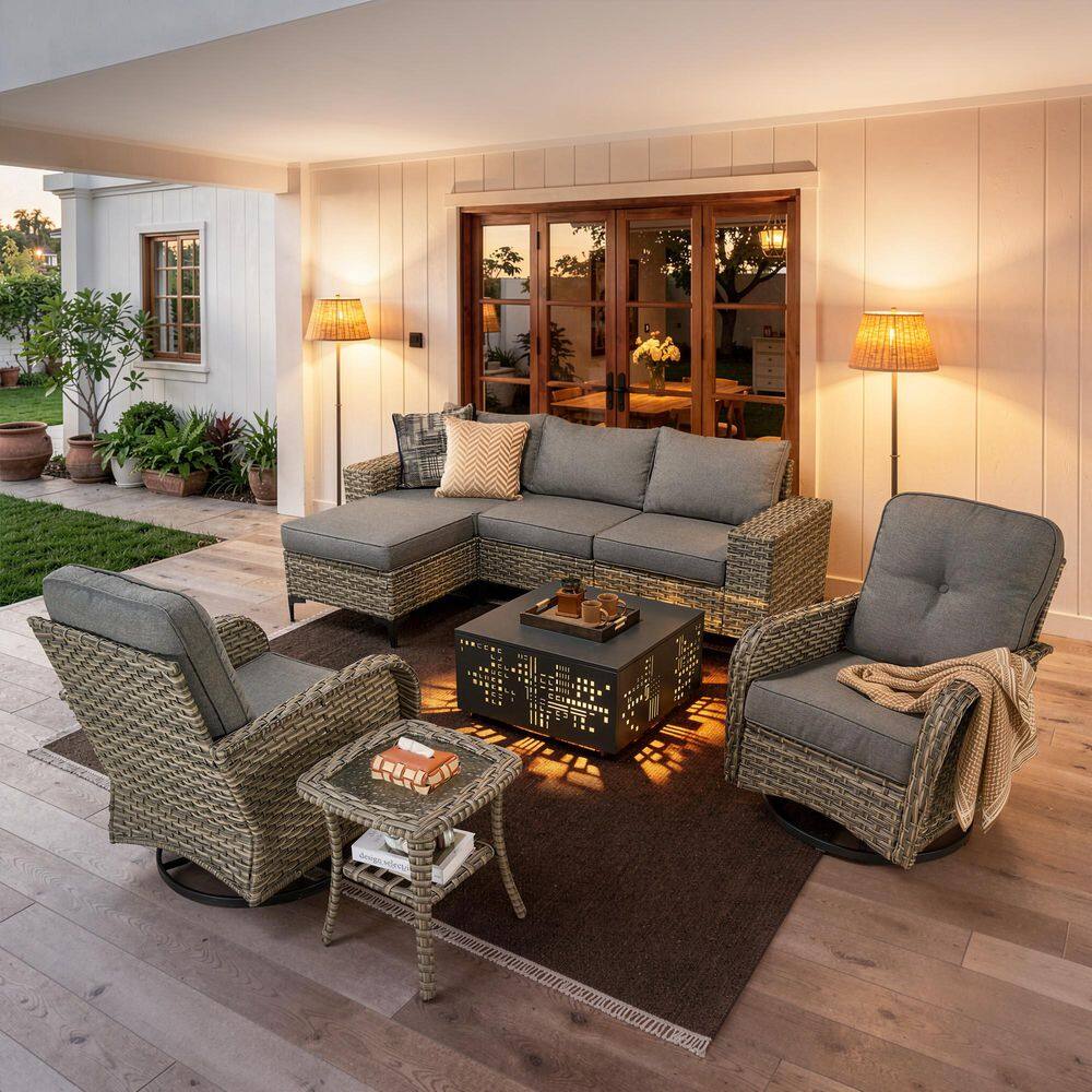 Sunny 8-Piece Wicker Outdoor Patio Conversation Sofa Set with Swivel Chairs, Solar-Lighted Table and Dark Grey Cushions