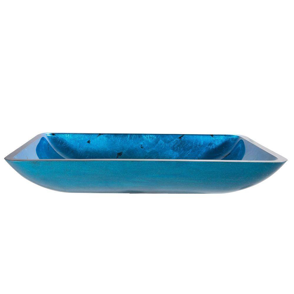 Irruption Blue Rectangular Glass Vessel Bathroom Sink with Satin Nickel Drain