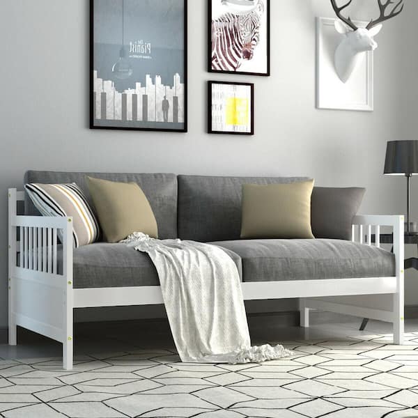 79 in. W Square Arm Fabric Straight Twin Size Wooden Slats Daybed Bed Sofa Support Platform Sturdy with Rails in White