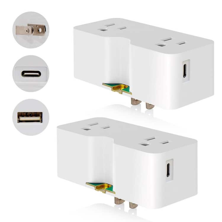 ELEGRP 2 Prong to 3 Prong Outlet Extender, with 2 Type A USB Wall Charger, Plug Adapter (White, 2-Pack)