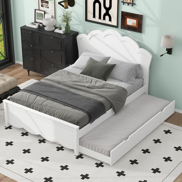 White Wood Frame Full Size Platform Bed with Headboard and Twin Size Trundle