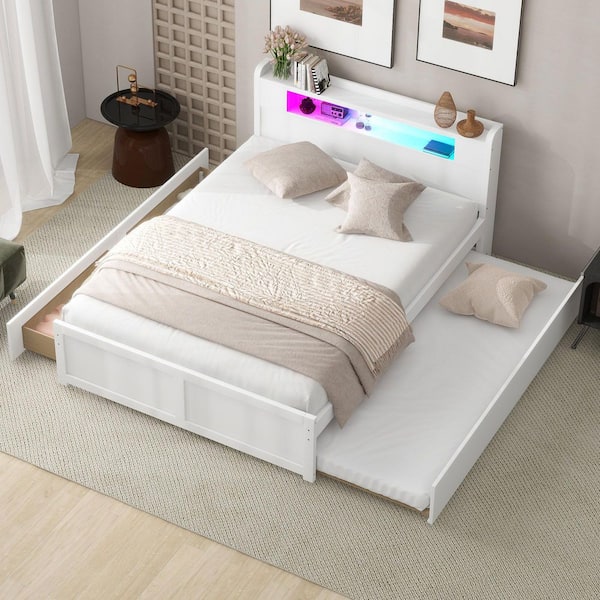White Wood Frame Queen Platform Bed with LED, 2-Drawers and Trundle