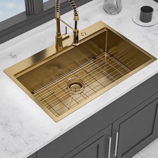 33 in. Drop-In Single Bowl 16-Gauge Gold Stainless Steel Kitchen Sink with Workstation