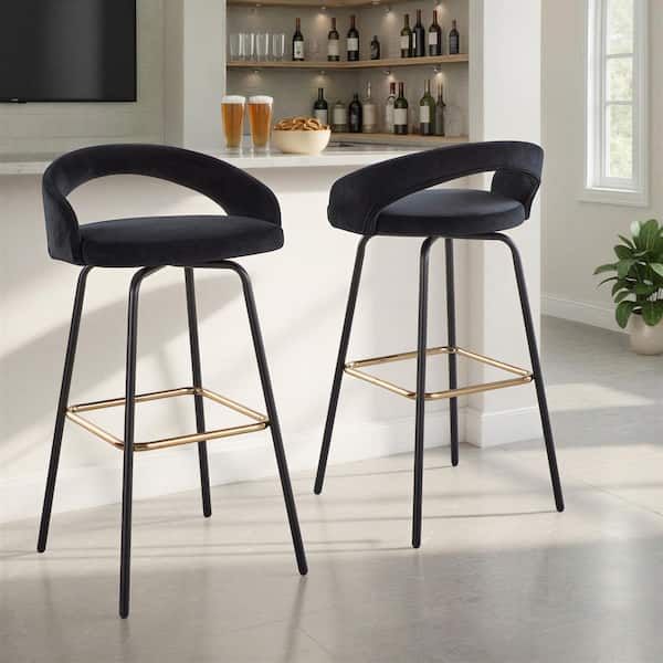 Grotto Upholstered 36.75 in. Black Velvet and Black Metal Fixed-Height Bar Stool with Square Gold Footrest (Set of 2)