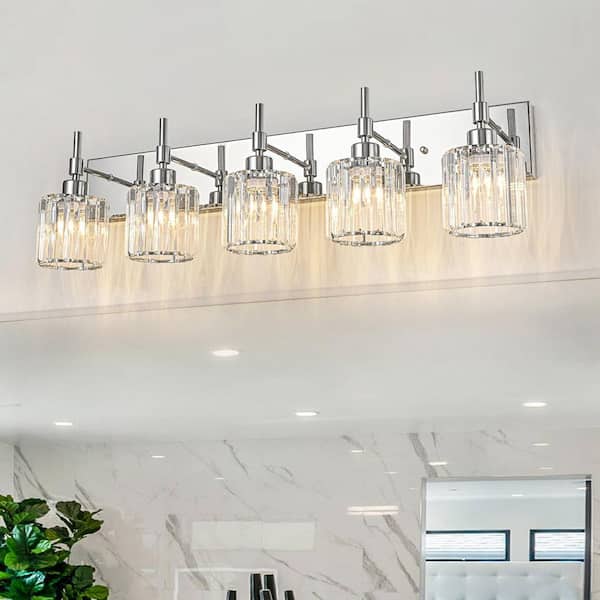 LLHZSY Schonbek 33 in. 5-Light Chrome Dimmable Modern Bathroom Vanity Light with Crystal Shades