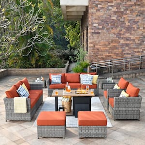 Eufaula Gray 13-Piece Wicker Modern Outdoor Patio Conversation Sofa Set with a Storage Fire Pit and Orange Red Cushions